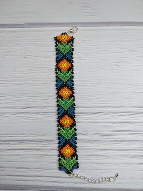 Handmade Beaded Floral Bracelet in Green, Orange & Blue